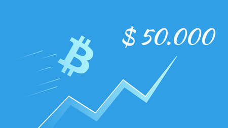Bitcoin BTC flies towards 50000 dollars on blue background. Upward trend arrow. Vector illustration...