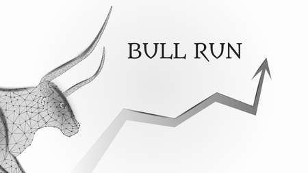 Bull run with a polygonal bull head and an upward arrow on white background. Bullish trend on the stock exchange. Vector illustration.のイラスト素材