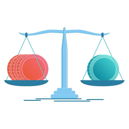 Concept of prevalence of some coins over others. Coins on scales are of different quantities but equal in weight. Vector illustration.のイラスト素材