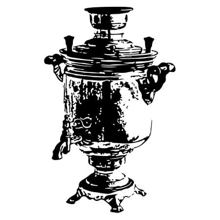 Samovar silhouette Isolated on white. Russian kettle works on firewood. Vector illustration.のイラスト素材