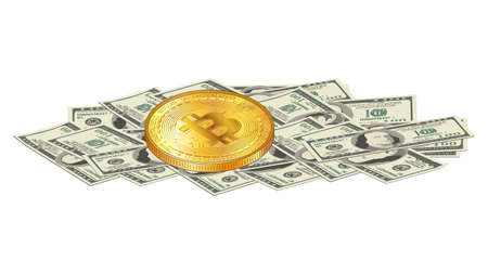 Detailed gold bitcoin coin lies on a pile of paper 100 us dollars banknotes isolated on white. Digital gold over cash money. Vector illustration.のイラスト素材