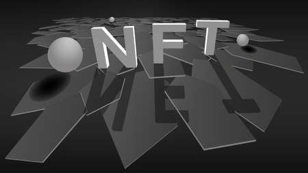 3D NFT non fungible token on stylish polygonal background with plane of hexagons and balls. Pay for unique collectibles in games or art. Vector illustration.のイラスト素材