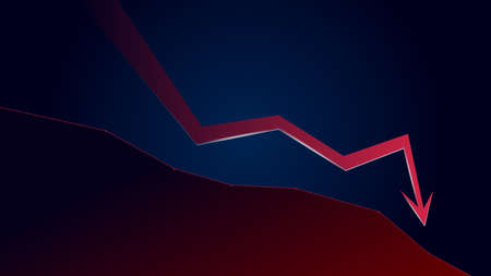 Red downtrend arrow and price falls down with copy space on dark blue background. Trading crisis and crash. Vector illustration.のイラスト素材
