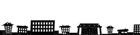 Silhouette crooked fairy houses city skyline for footer on white. Vector illustration.のイラスト素材