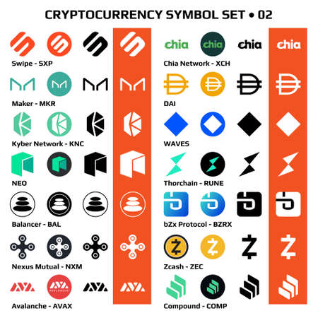 Set 02 of isolated cryptocurrency symbols, digital coins icons in monochrome and color. Vector illustration.