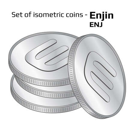 Set of coins in stack Enjin ENJ in isometric view in black and white isolated on white. Vector illustration.のイラスト素材