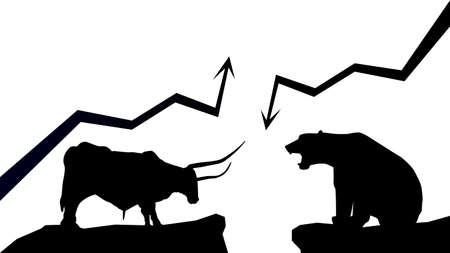Silhouette bullish trend versus bearish trend with up and down arrows on white background. Bull and bear on rock opposite each other. Vector illustration.のイラスト素材