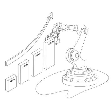 Outline automatic trading robot isometric concept with chart and upward arrow isolated on white. Vector illustration.のイラスト素材