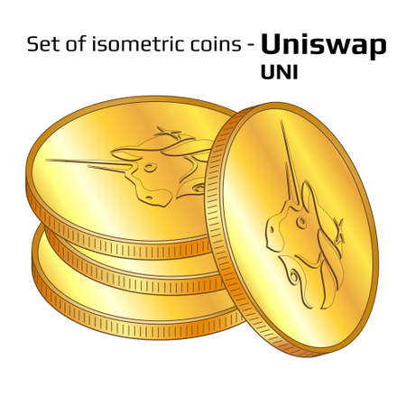Set of gold coins in stack Uniswap UNI in isometric view isolated on white. Vector illustration.のイラスト素材