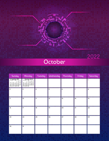 Us letter paper size vector futuristic monthly planner calendar October 2022 week starts on Sunday. Vertical digital technology organizer, habit tracker. Colorful modern illustration.のイラスト素材