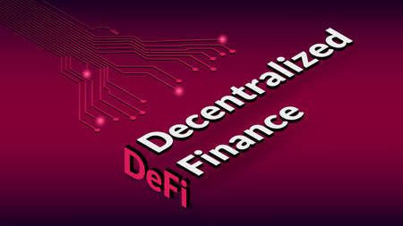 Defi decentralized finance, isometric text with PCB tracks on red background. Ecosystem of financial applications and services based on public blockchains. Vector illustration.のイラスト素材