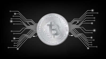 Detailed gold coin Bitcoin BTC token with pcb tracks in black and white on dark background. Digital gold in techno style for website or banner. Vector illustration.のイラスト素材