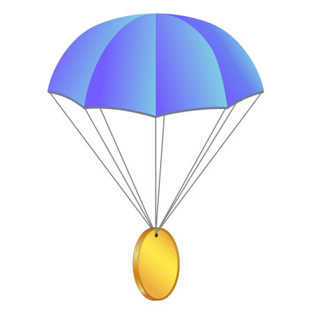 Airdrop concept parachute with coin isolated on white. Blank gold coin with place for logo or symbol. Vector illustration.のイラスト素材