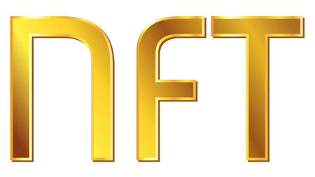 Gold text NFT non fungible token design element isolated on white. Pay for unique collectibles in games or art. Vector illustration.のイラスト素材