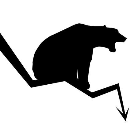Silhouette of bear sitting on downward trend arrow isolated on white. Market fall symbol. Vector illustration.のイラスト素材