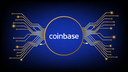 Coinbase cryptocurrency stock market symbol in gold circle with pcb tracks on digital blue background. Design element in techno style for website or banner. Crypto stock exchange for news and media.のイラスト素材