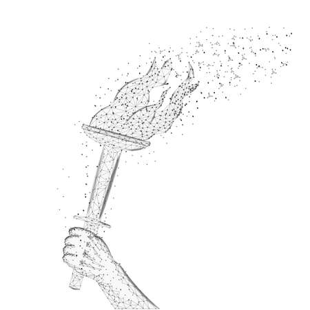 Burning torch in hand in polygonal style isolated on white. Design element for banner. Vector illustration.のイラスト素材