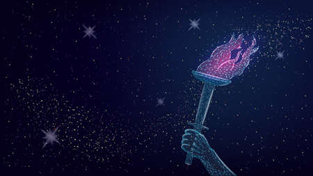 Burning torch in hand in polygonal style on dark blue background. Banner for sport. Vector illustration.のイラスト素材