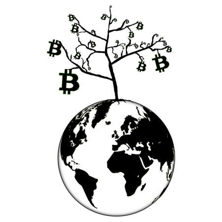 Bitcoin growth concept in world with planet Earth and tree with bitcoins isolated on white. Black and white silhouette.のイラスト素材