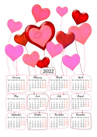 Vertical yearly calendar 2022 with heart shaped balloons romantic theme, week starts on Monday, on white. Annual big wall calendar colorful modern vector illustration. A4, A3 paper size.のイラスト素材