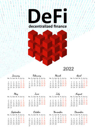 Vertical yearly calendar 2022 with DeFi decentralized finance theme, week starts on Monday, on white. Annual big wall calendar colorful modern vector illustration. A4, A3 paper size.のイラスト素材