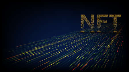 NTF non fungible token from crumbled falling golden cubes standing on the flowing digital stream. Pay for unique collectibles in games or art. Colorful header or banner. Vector design element.のイラスト素材