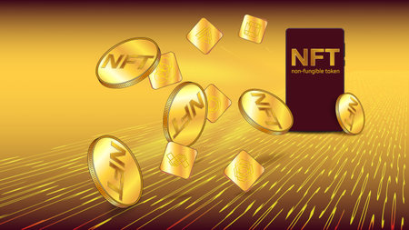 Concept of earning dollars USD on NFT non fungible token. Unique golden tokens and gold coins of US dollars fly out from cell phone on flowing digital stream. Colorful template for banner or game.のイラスト素材