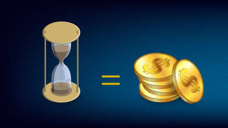 Isometric concept time is money with hourglass and gold coins USD dollars on dark blue background....