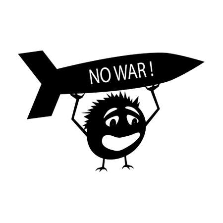 Silhouette of a funny little critter with a rocket that says no to war. Demonstration protesting against the war. Isolated vector on a white background.のイラスト素材