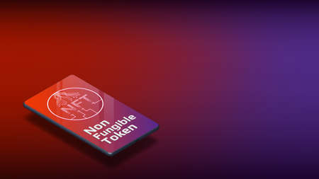 NFT non fungible token isometric cellphone on red background with copy space. New class of coins. Pay for unique collectibles in games or art. Banner or website header.のイラスト素材