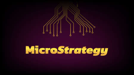 Banner MicroStrategy Incorporated with PCB tracks on dark purple background. Company that buys...