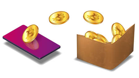BTC golden fly coins from cellphone into leather wallet isolated on white background. Isometric concept of transferring bitcoin btc cryptocurrency to wallet using mobile phone. vector illustration.のイラスト素材