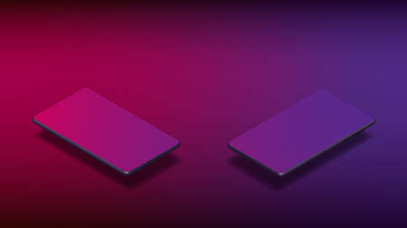 Two smartphones isometric with copy space on purple background. banner template. vector illustration.のイラスト素材
