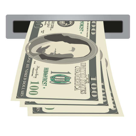 Cash dollars in slot of ATM machine isolated on white background. vector illustration.のイラスト素材