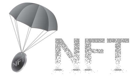 Fragmented text NFT non fungible token and parachute with NFT coin in gray colors isolated on white background. Design element for banners and websites. vector illustration.のイラスト素材
