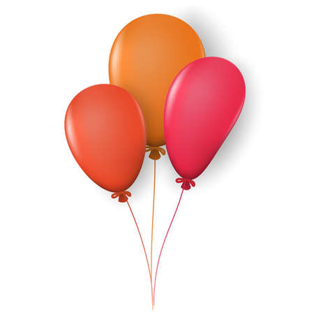 Bunch of three colored balloons red, orange color with highlights and shadows on rope isolated on white background. vector illustration.のイラスト素材