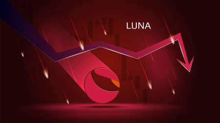 Terra LUNA in downtrend and price falling down on dark red background. Cryptocurrency coin symbol and red down arrow with falling meteors. Trading crisis and crash. vector illustration.のイラスト素材