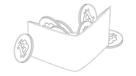 Contour isometric leather wallet with Bitcoin BTC coins isolated on white. vector illustration.のイラスト素材