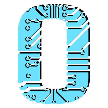 Digit 0 perforated with PCB circuit board tracks isolated on white. Colored digit for headlines of...