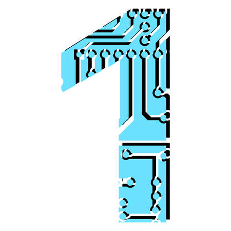 Digit 1 perforated with PCB circuit board tracks isolated on white. Colored digit for headlines of modern digital world. vector design elements.のイラスト素材