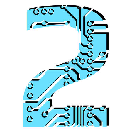 Digit 2 perforated with PCB circuit board tracks isolated on white. Colored digit for headlines of modern digital world. vector design element.のイラスト素材