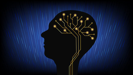 Silhouette of human head in profile with brain made of circuit board tracks on dark blue background. Human digitalization concept. vector illustration.のイラスト素材