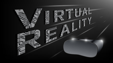 Futuristic digital text Virtual Reality with glasses in perspective on dark background in gray colors. Perforated letters with PCB tracks. vector illustration.のイラスト素材
