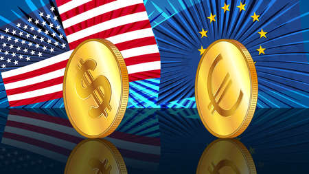 Gold coins of American dollar USD and Euro EUR on mirrored floor with colored flags of America and Europe. Exchange rates are almost equal and who is now leader is not clear.のイラスト素材