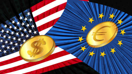Gold coins of american dollar USD and Euro EUR with colored national flags of America and Europe. Exchange rates are almost equal and who is now leader is not clear.のイラスト素材