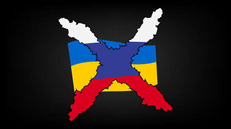 Flag of Russian Federation crosses out Ukrainian flag on black background. Pressure on Ukraine from Russia. vector illustration.のイラスト素材