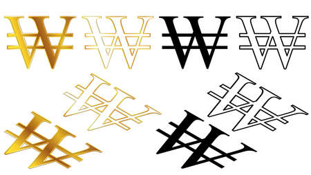 Set of South Korean won KRW currency golden signs, silhouette and outline isometric top and front view isolated on white background. Currency of Republic of Korea. Design element.のイラスト素材