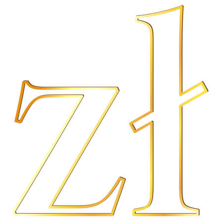 Polish zloty PLN currency golden sign outline front view isolated on white background. Currency by Central Bank of Poland. vector design element.のイラスト素材