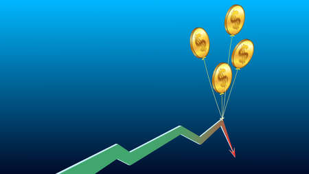 Balloons in the form of golden American coins dollars hold falling chart arrow on blue background with copy space. Template for banner or news. vector illustration.のイラスト素材