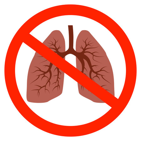 Cartoon lungs with bronchi in red prohibitory sign isolated on white. vector icon or design element.のイラスト素材